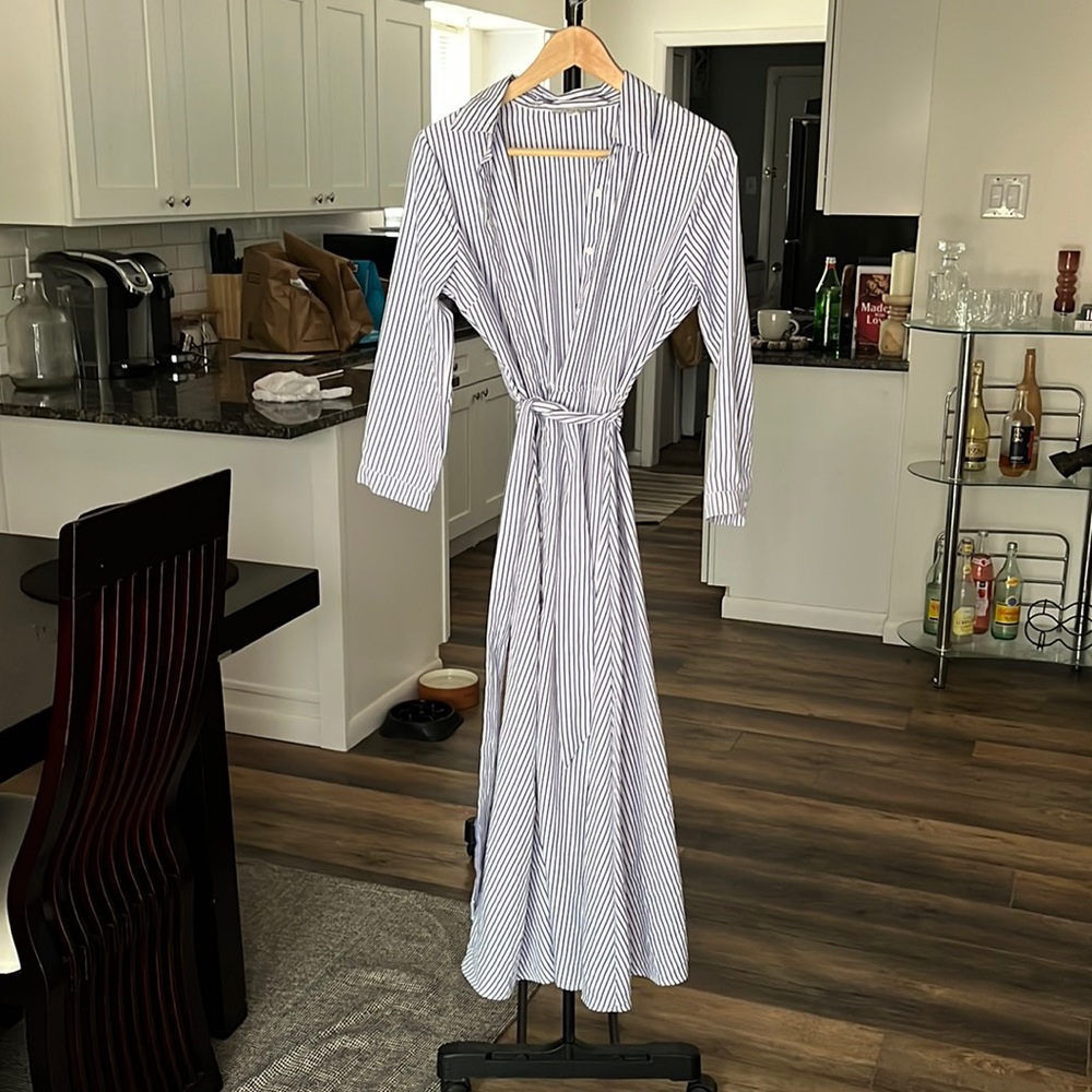Blue & White Pinstripe Belted Dress (Size: M)